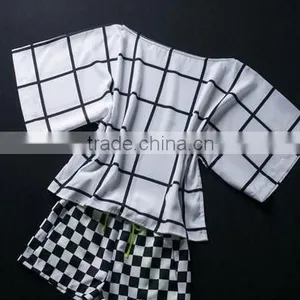 2014 New Trendy Black and White Gingham Top and Trousers for Ladies thumbnail-1