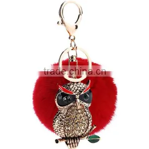 Factory High Quality Rhinestone Enamel Owl Keychain With Plush Ball thumbnail-2