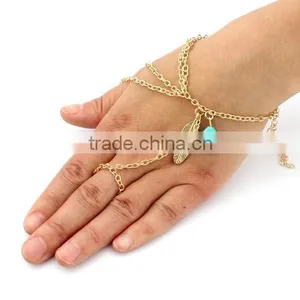 Bohemian Turquoise Bead Leaf Metal Finger Ring Multi Chain Hand Slave Bracelet thumbnail-1