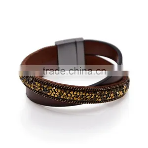 50PC Fashion Double Wrap Leather Bracelet Black Brown Crystal Leather Bangle Magnet Clasp thumbnail-2