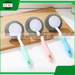 Mini Plastic Long Handle Hand Hanging Bowl Pot Dish Clean Cleaning Brush With Steel Ball thumbnail-5