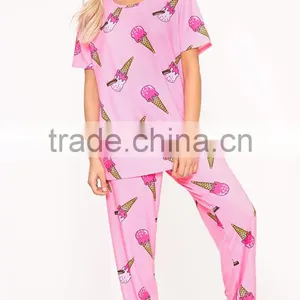 Custom Full Print Women Long PJ Set All Over Print Ladies Sleepwear Pink Ice-cream Print Pajamas Set thumbnail-3
