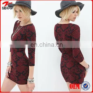 High Quality Long Sleeve Damask Bodycon Women Dress OEM Guangzhou Clothing thumbnail-1