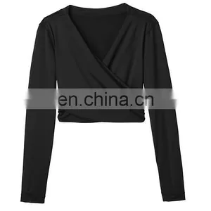 Ladies Solid Black Swimming Wear Long Sleeve Cross Front Crop Rash Guard thumbnail-3