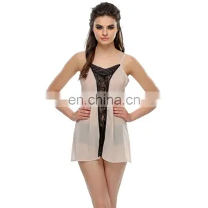 Romantic Beige Short Nightdress With Black Lace thumbnail-1