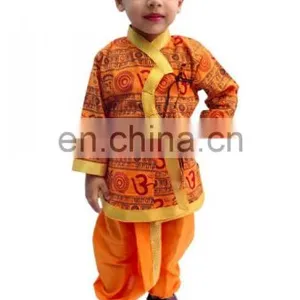 Indian Om Print Saffron Dhoti Kurta, Boy's Traditional Angrakha Set, Dhoti Suit, Kids Baby Wear, Ethnic Dress Kurta om Print thumbnail-1