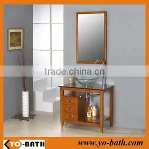 900mm Teak Color Bathroom Wooden Cabinet With Glass Countertop and Basin thumbnail-1