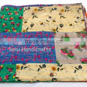 Handmade Patchwork Kantha Bedspread Printed Kantha Quilt Queen Size Made By Artisians of India Printed Patches With Hand Kantha thumbnail-3