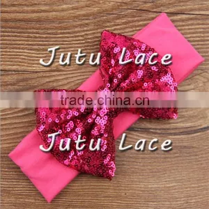 Fancy Sequin Bowkont Headwraps - Wide Cotton Fabric Big Bow Elastic Headband thumbnail-2