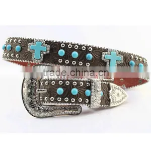 Floral Embossed Cowgirl Leather Western Turquoise Stone Studded Belts thumbnail-1