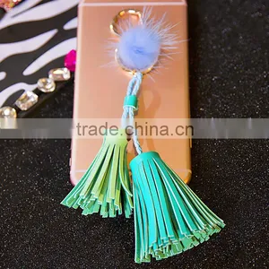 Charm Mink Fur Ball Leather Tassel Handbag Cell Phone Car Keychain thumbnail-2