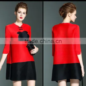 Retro Pleat Chinoiserie Printed Ladies Large Size Dress With Two Buttons thumbnail-6