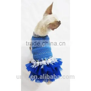 Blue Dog Tutu Dress Crochet Bling-bling Handmade Crocheted Wedding Designer Chihuahua Clothes Cat Costume thumbnail-2