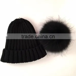 Myfur Fashion Detachable Raccoon Fur Pom Poms Knit Beanie Cap for Adults thumbnail-3