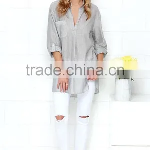 Loose Short Sleeve With Pocket Striped Design Lady Blouse thumbnail-3