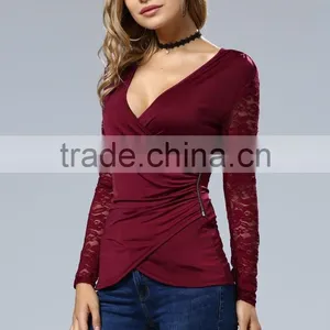 Clothes Woman Fashion Long Bell Sleeve Deep V Neck Lace Blouse 2017 thumbnail-5