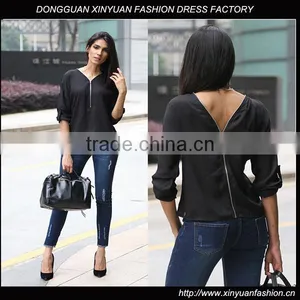 Fashionable Women Knitted Zipper t Shirt Top With 7/8 Sleeve thumbnail-1