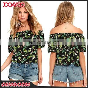 New Fashion Ruffle Floral Print Off The Shoulder Short Sleeves Chiffon Top Latest Long Tops Designs Girls thumbnail-1