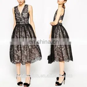 2016 Latest Style Organza Cut-out Back V-neckline Fashion Floral Lace Midi Prom Dress thumbnail-1
