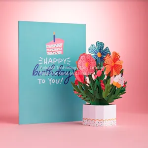 Cheap Price High Quality 3D Pink Rose Basket Pop-up Cards Best Birthday Gifts for Mom thumbnail-4
