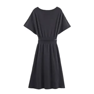 2025 New Fashionable Elegant Women's Mid-Length Knit Dress With Belt thumbnail-3