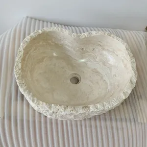 Modern Fashionable Heart Shape Design Travertine Marble Stone Countertop Hand Wash Sink for Villa Hotel Bathroom Sanities thumbnail-4