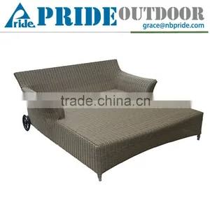 Outdoor Rattan Furniture Wicker Chaise Lounge Chair Pool Two Seat Sofa Lounge Chair Wheels thumbnail-1