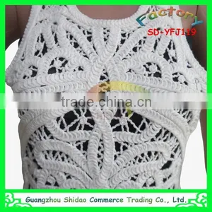 Slim Elegant Sleeveless White Cotton Crochet Openwork Lace Knee Length Embroidery Blouses thumbnail-2