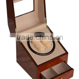 High Gloss Bur Wood Finish Double Watch Winder thumbnail-1
