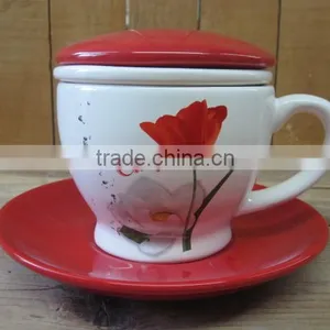 Tulip Decal Ceramic Tea Coffee Cup With Red Saucer and Lid thumbnail-1