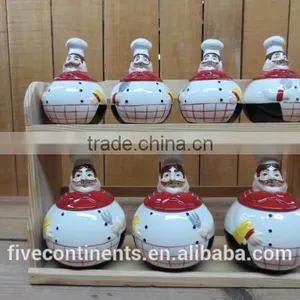 7 PCs Chef Emboss Ceramic Kitchen Spice Jars Set With Wooden Stand thumbnail-1