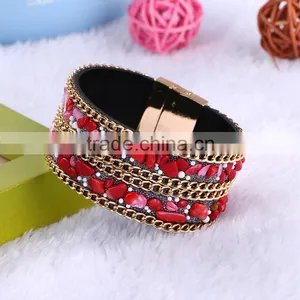 New Arrive Nature Stone Wide Crystal Velvet Magnetic Clasp Bracelet Bohemia Style For Women thumbnail-6