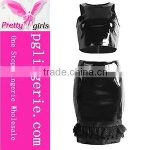New Style Womens Royal Black Sexy Leather Jumpsuit Party Cosplay Adult Fancy Dress Costumes 2 Pcs thumbnail-1