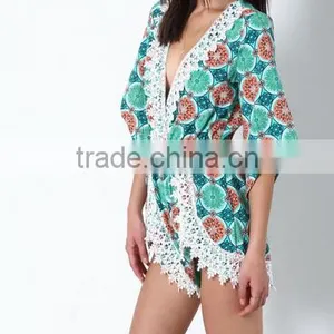 Summer Deep V-neck Back With One Button Fruity Green Crochet Plunge Crepe Romper Short Print Sexy Jumpsuit thumbnail-3