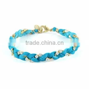 Leather and Rhinestone Chain Braided Bracelet, Wrap Bracelet, Glistening Crystal Chain and Leather Bracelet thumbnail-1