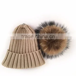 Myfur Unisex Couple Warm Wool Hat With Real Raccoon Fur Pom Pom thumbnail-3