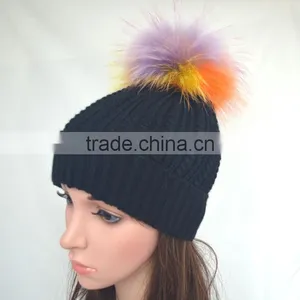 Myfur Rainbow Color Real Fur Pompom Woolen Knit Beanie Hat Wholesale thumbnail-1