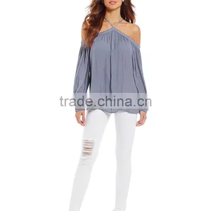 2017 Summer New Look Pullover Construction Sleeve Opening Cold Shoulder Blouse thumbnail-6