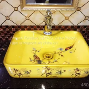 Yellow Ceramic Hand Wash Basin Square Single Hole Tabletop Bathroom Wash Basin Sink With Hand Paint Fancy Design thumbnail-1