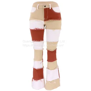 Fashion Patchwork High Waist Tight Hip Flared Women's Denim Trousers thumbnail-5