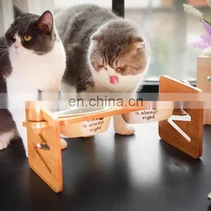 2022 Yellow Promotional Oem Cute Three Bowl for Dog Pet Milk Water Drinking Feeder Cat Paw Print Wood Stand Holder Bracket thumbnail-1