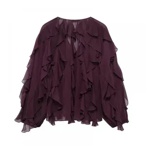 European and American Women's Clothing V-neck Layered Decorative Shirt Long Sleeves Women With Loose Clothes thumbnail-3