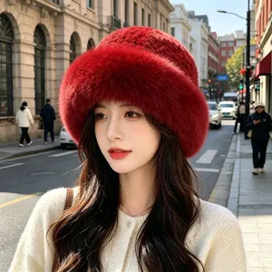 Women Winter Faux Fur Beanie Hat Fluffy Knitted Faux Fox Fur Style Warm Domed Ski Cap Luxury Plush Brim Winter Hats for Ladies thumbnail-5