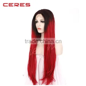 Long Straight Synthetic Lace Front Wig Dark RootsBlack to Red Ombre Heat Resistant Fiber Hair 2 Tones Women thumbnail-2