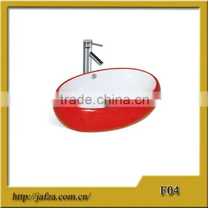 F04 Hot Selling Ceramic Red Oval Basin Colored Basin White Inside and Red Outside Wash Basin thumbnail-1