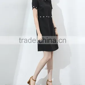 Guangzhou Oem Clothing White Pearl Embellishment Dresses Short Sleeve Black Slim Dress thumbnail-2