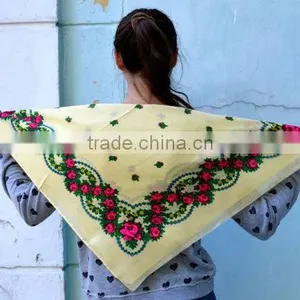 SSS81 Vintage Ukrainian Shawl, Russian Floral Scarf ,light Yellow Shawl, Babushka Russian, Head Scarf, Christmas Gift thumbnail-5