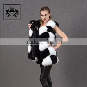 Beautiful Black White Color Fur Hand Sewing Long Fur Vest Women Real Fox Fur Gillets thumbnail-6