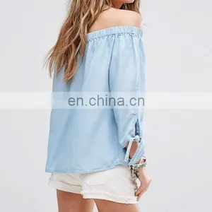 Sexy Off-Shoulder Light Blue Denim Tops With 3/4 Knot Tie Sleeves thumbnail-2
