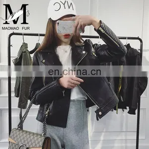 Wholesale Spring Female Long Sleeve Short Beaded Motorcycle Jacket Excelled Leather Jacket thumbnail-1